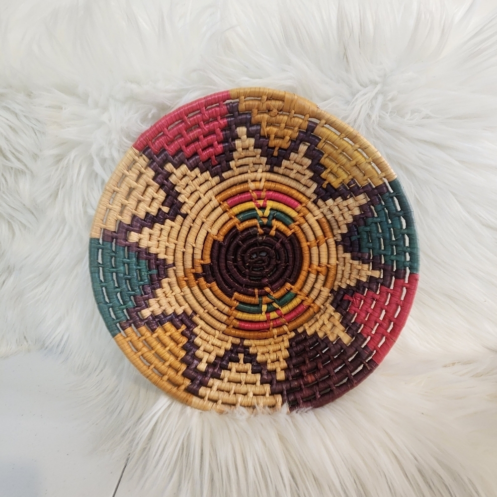 Vintage Indigenous Woven Basket Bowl Boho Home Decor Star Sun Colourful Round